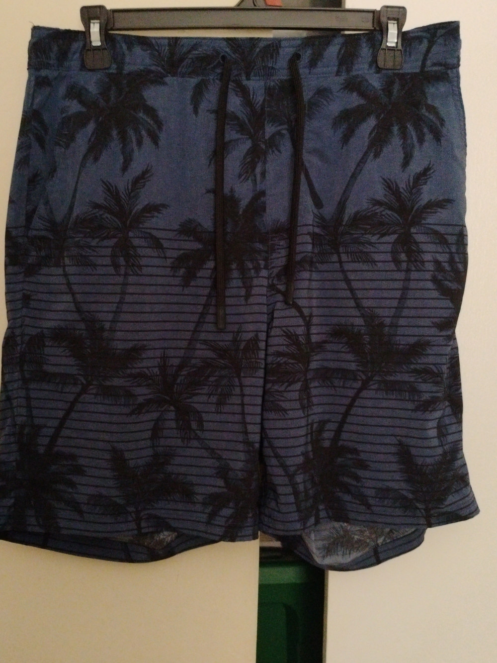 Men's Blue Palm-Print Swim Board Shorts with Black Drawstring